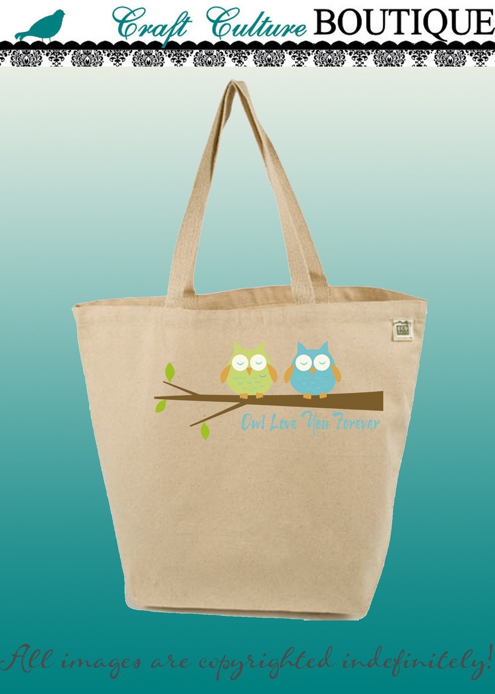 Canvas Tote Bag-Large Carry All Recycled Organic Tote- Owl Love You Forever (Blue-Green V.)-2 Owls On Branch