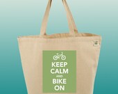 Canvas Tote Bag-Large Carry All Recycled Organic Tote- Keep Calm And Bike On-Green-Bike