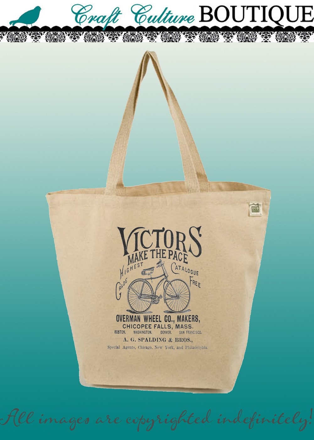 Canvas Tote Bag-Large Carry All Recycled Organic Tote- Vintage Bike Ad-Victor's Bike Ad
