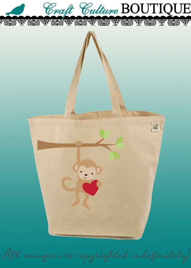 Canvas Tote Bag-Large Carry All Recycled Organic Tote - Falling For You- Monkey- Love On A Branch