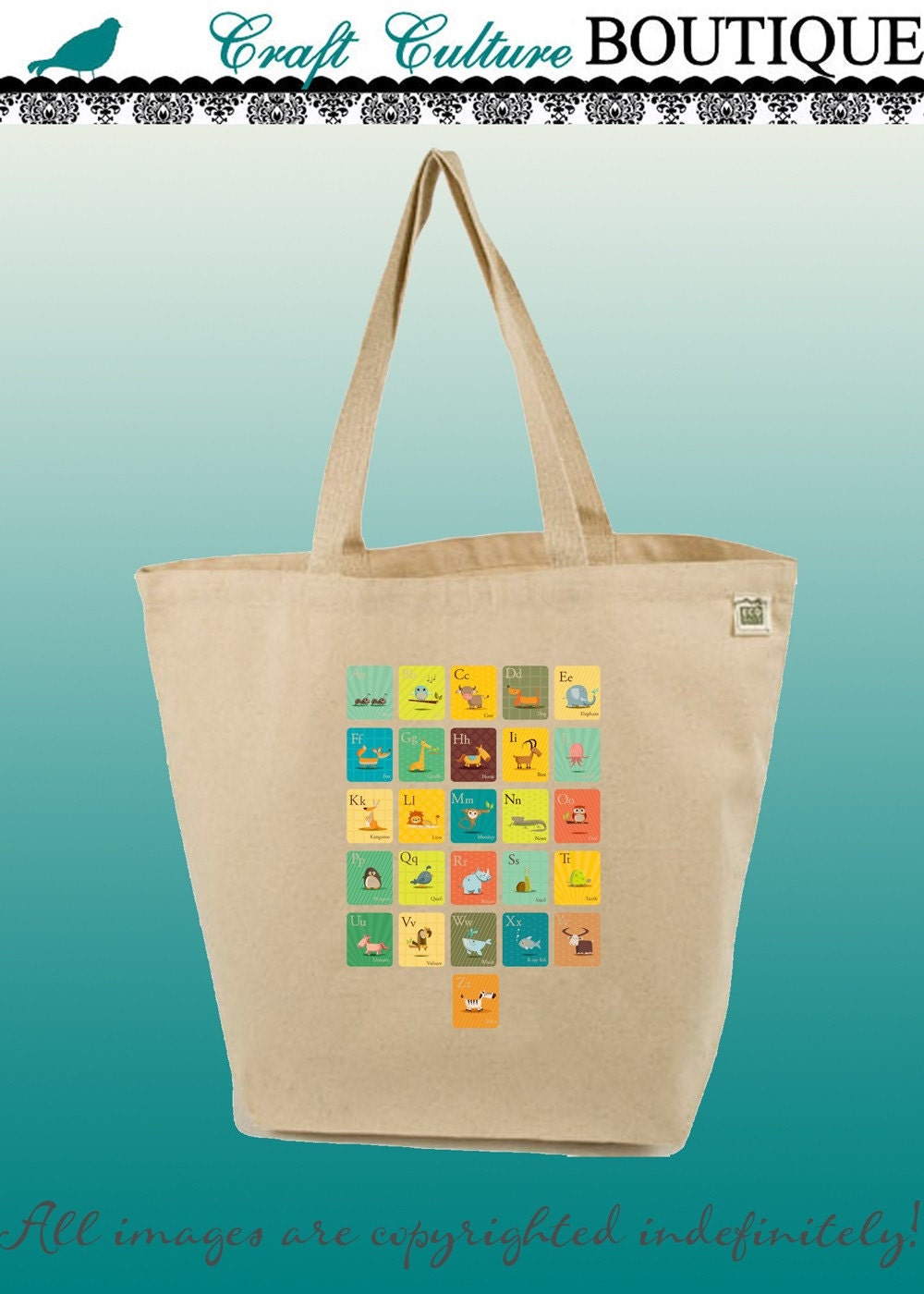 Canvas Tote Bag-Large Carry All Recycled Organic Tote- A Is for Alphabet-Animal Alphabet-Animals