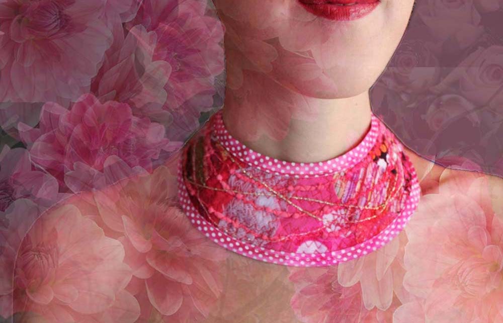 TEDDIK recycled necklace pink with fabric patchwork, red ribbon