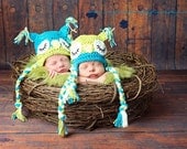 Newborn Boy or Girl Twin Set  Photography Prop Sleepy Owl Hat Blue and Green