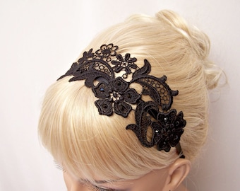 Phalenopsis lace headband black with crystals