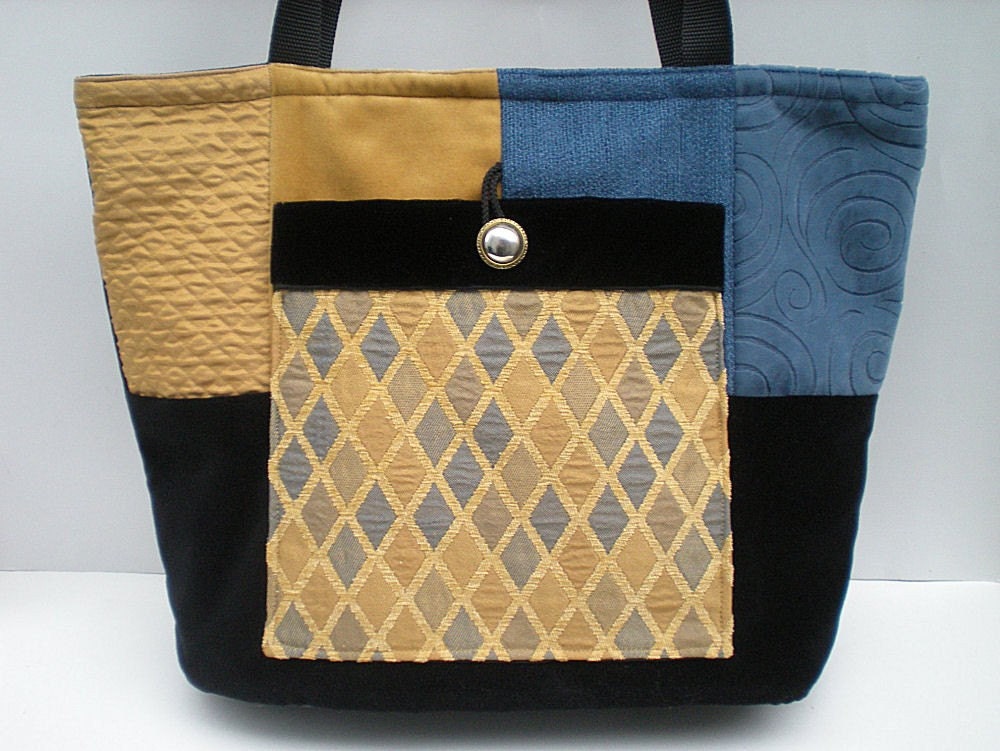 Fabric Tote Bag, Slate Blue Velvet, Large Fabric Shoulder Bag, Black Velvet, Yellow, Womens,  Front Pocket, Zippered, Patchwork