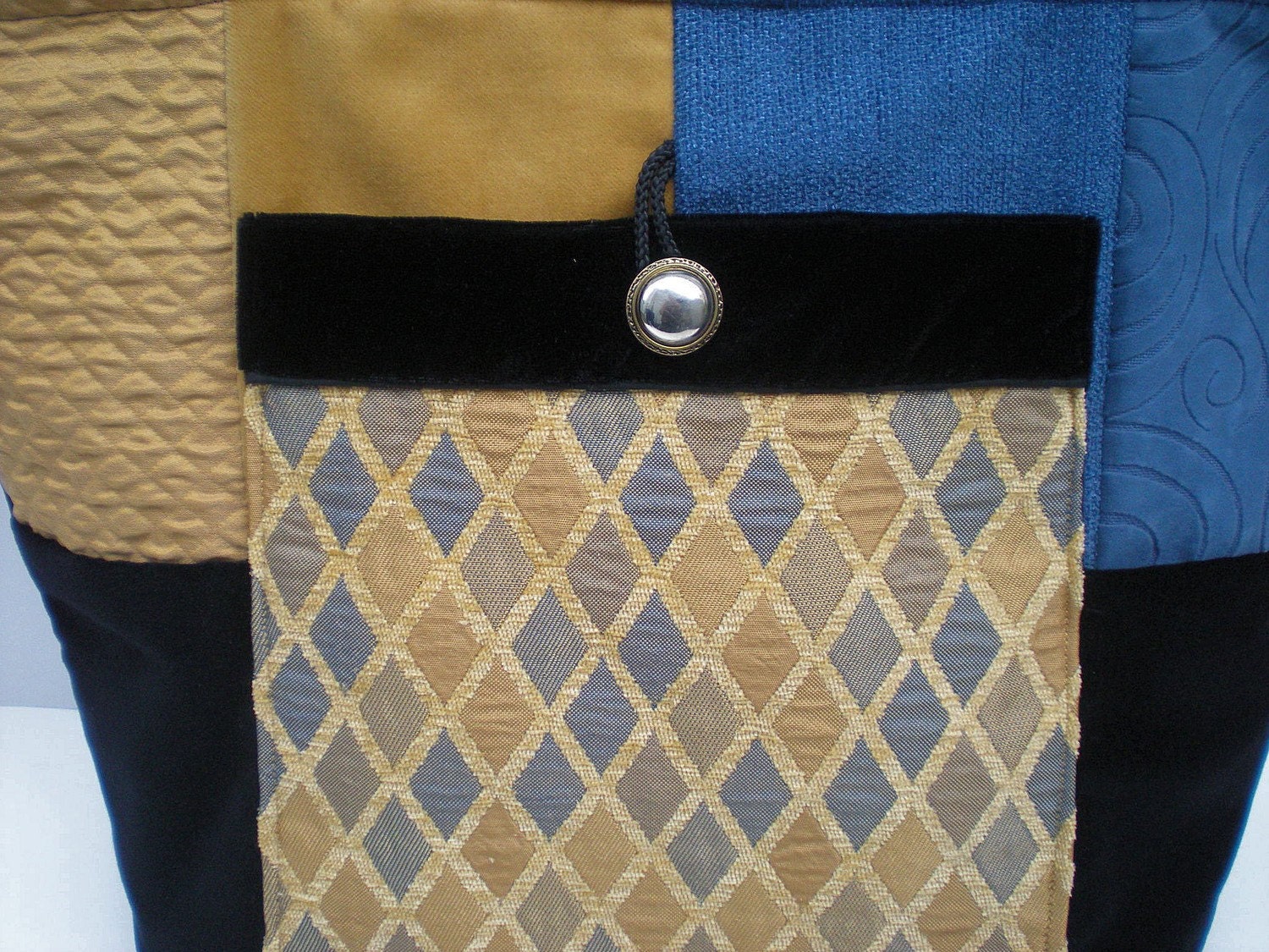 Fabric Tote Bag, Slate Blue Velvet, Large Fabric Shoulder Bag, Black Velvet, Yellow, Womens,  Front Pocket, Zippered, Patchwork