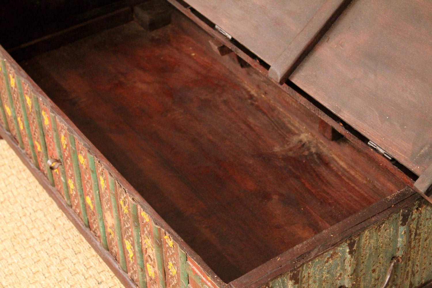 RESERVED for JANE Reclaimed Wood Coffee Table Storage Trunk Rustic Red Green