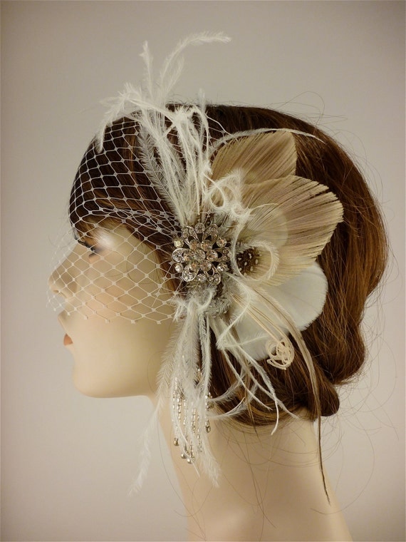 Bridal Feather Fascinator, Bridal Fascinator, Feather Fascinator, Fascinator, Hair Clip, Wedding Veil, Bridal Veil