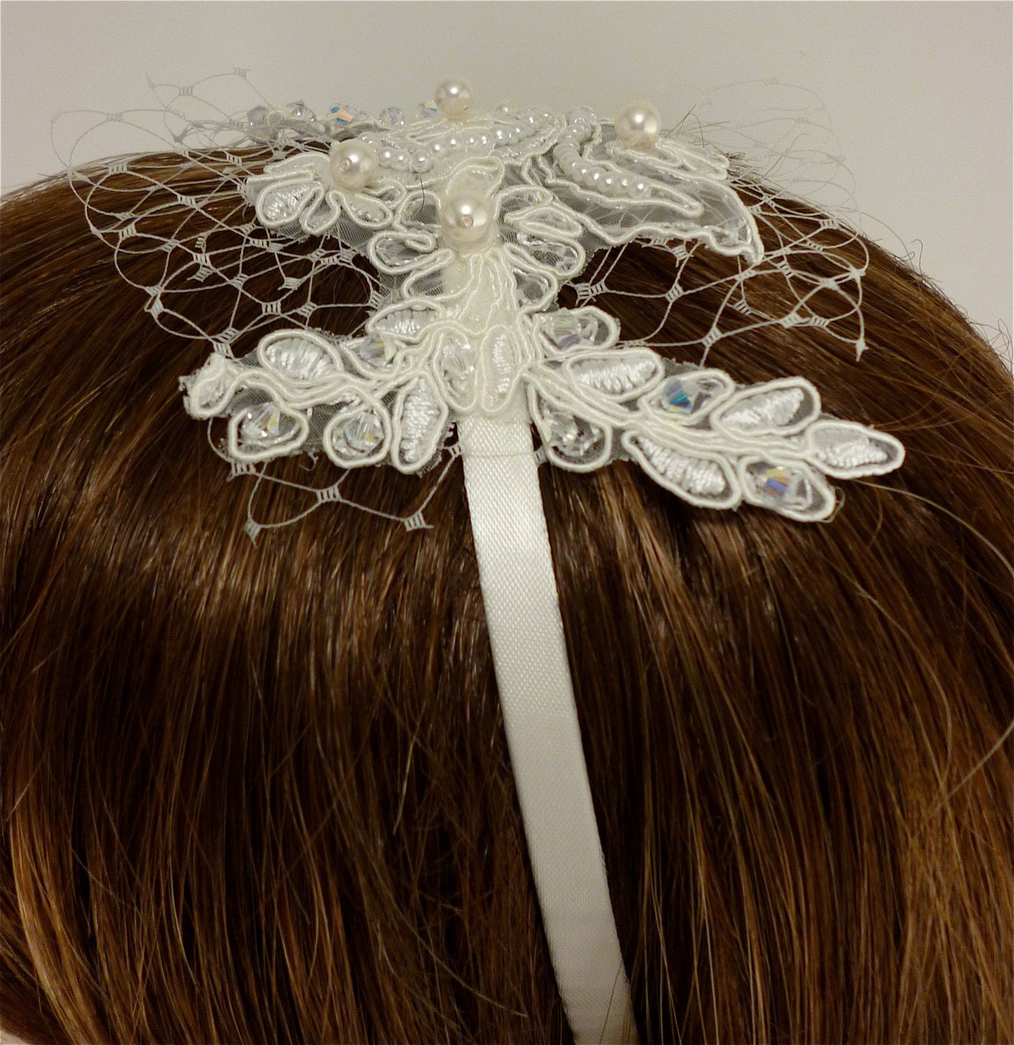 Wedding Headband, Ivory Lace Headband, Bridal Headband, Bridal Accessory, Swarovski Crystals, Swarovski Pearls