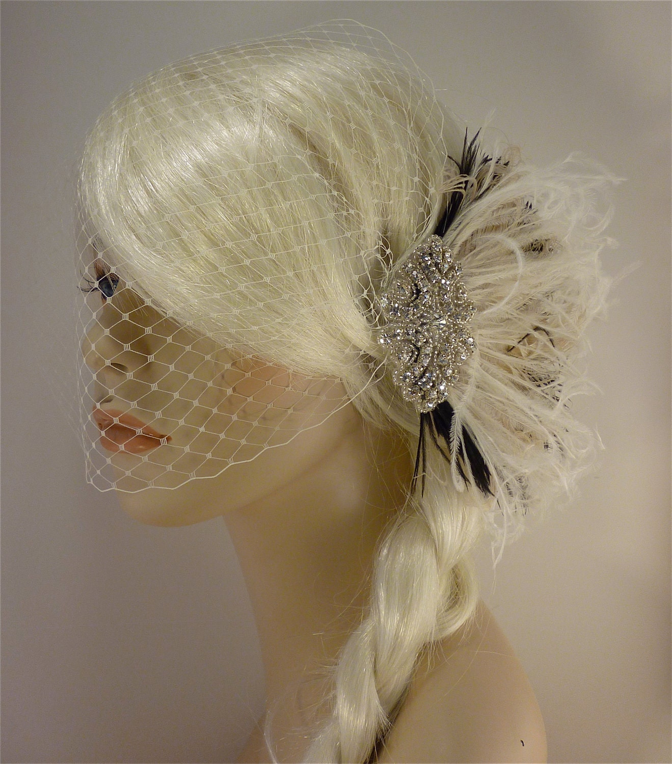 Wedding Hair Accessory, Fascinator, Rhinestone Hair clip, Feather Fascinator, Bridal Veil, Wedding Veil, Ivory and Black