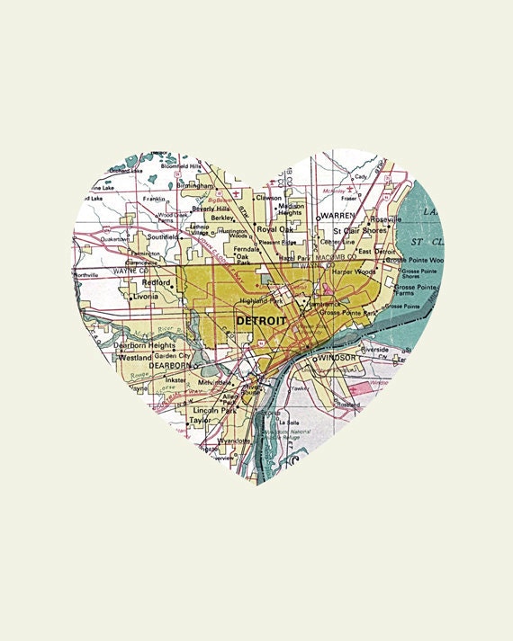 Detroit City Heart Map - 8x10 Art Print