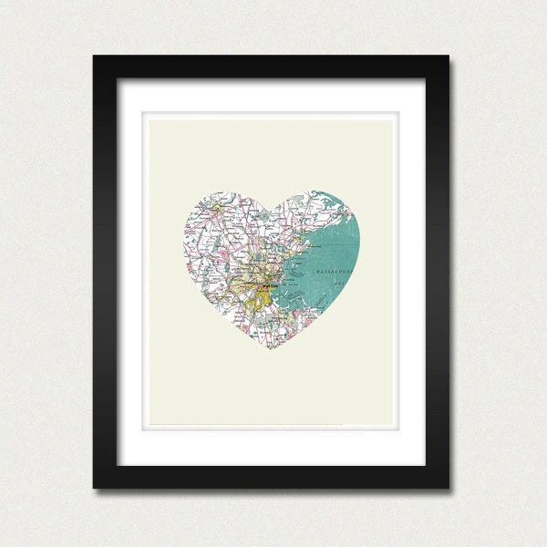 Boston Art City Heart Map - 8x10 Art Print