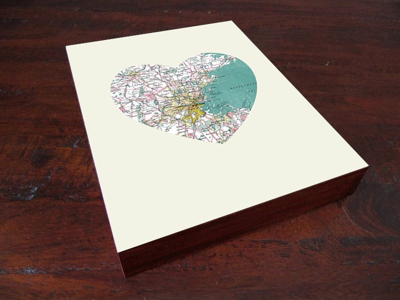 Boston Art City Heart Map - Wood Block Art Print
