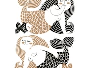 Mermaids - handprinted silk screen