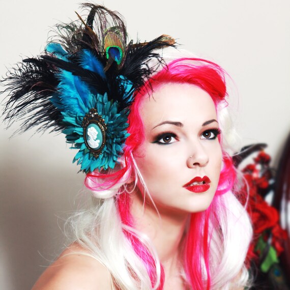 Teal & Black Peacock Cameo headband - ostrich feather burlesque fascinator