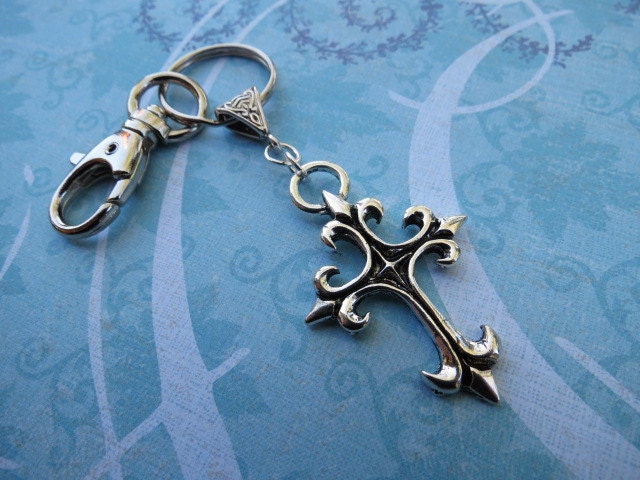 Christian Key Chain - Swivel Clip - Cross Key Chain - Unisex - Fleur De Lis Cross