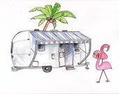 Airstream with Flamingoes, (smaller) Print of Colored Pencil Drawing 4"x6"