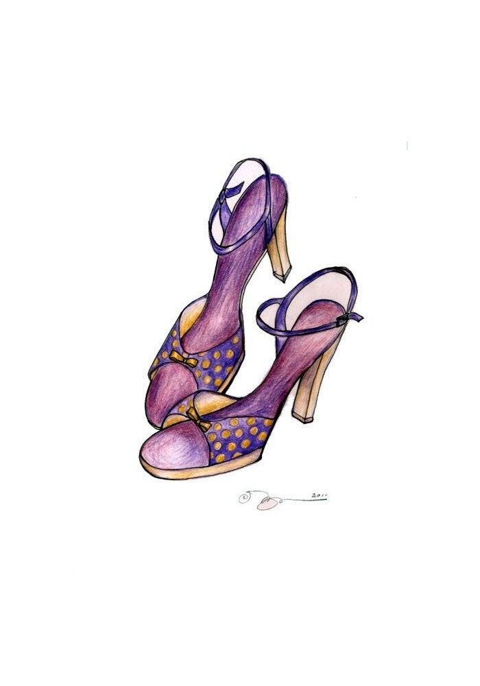 Lavender Polka Dot Dancing Shoes, Print of Drawing in Colored Pencil 8" x 10"