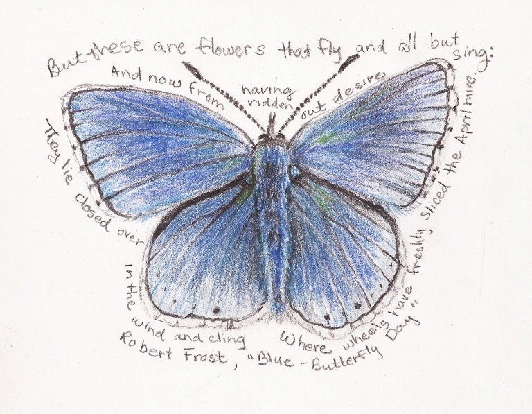 Blue Butterfly with Robert Frost poem print, 8" x 10"