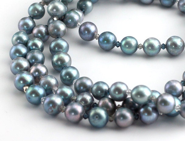 Blue Pearl Necklace with Crystals Infinity Design