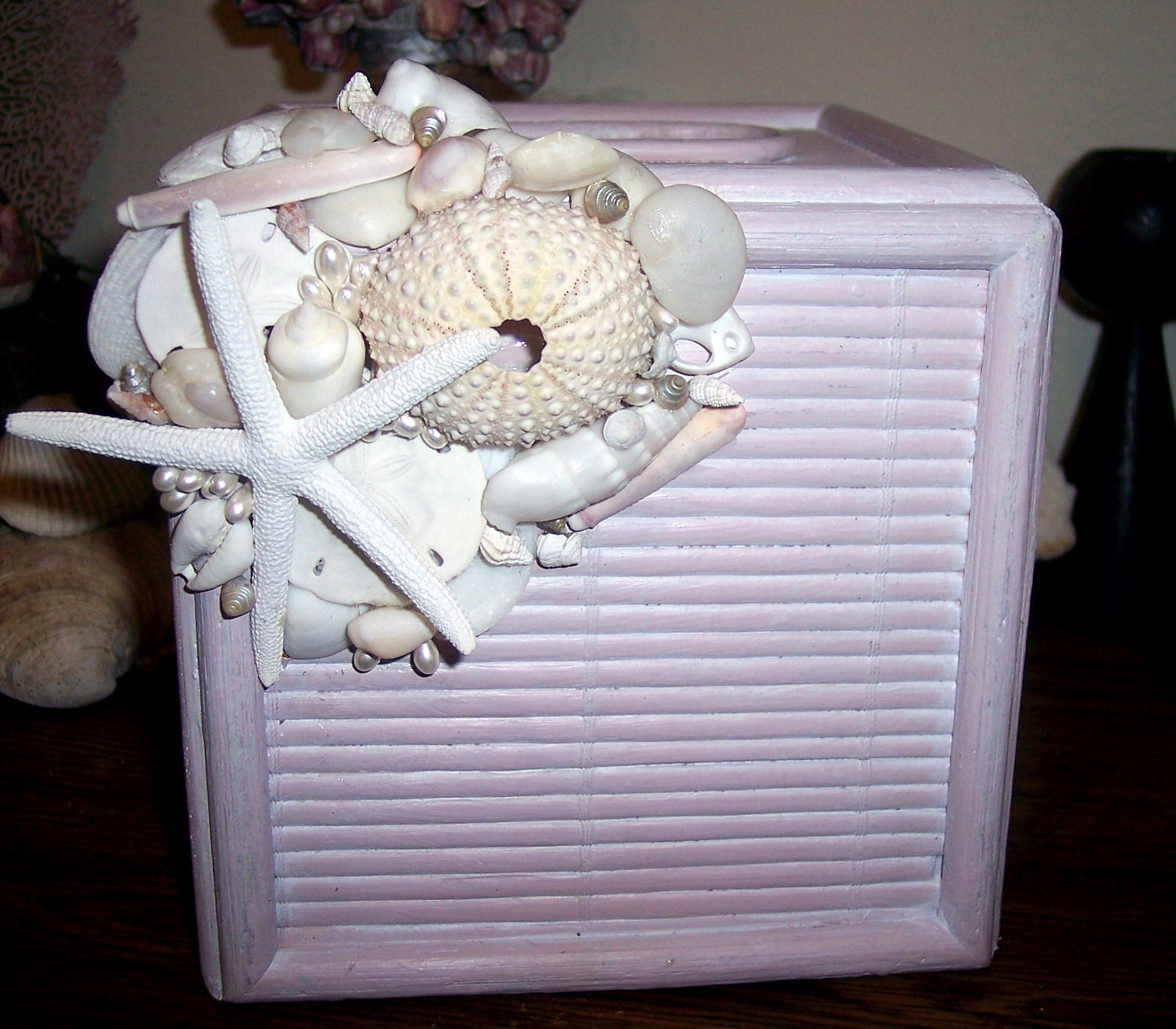 Feminine Shabby Chic Whitewash Pale Pink Bamboo Tissue Cover w Starfish, Sea Urchin, and Sea Shells Coastal Home Decor Bathroom Guest Room
