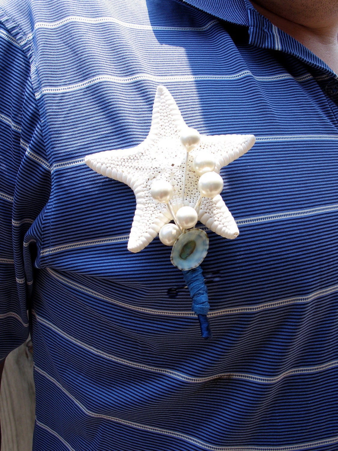 Beach Wedding White Starfish with Blue Limpet Shell Groom or Wedding Party Corsage Boutonniere