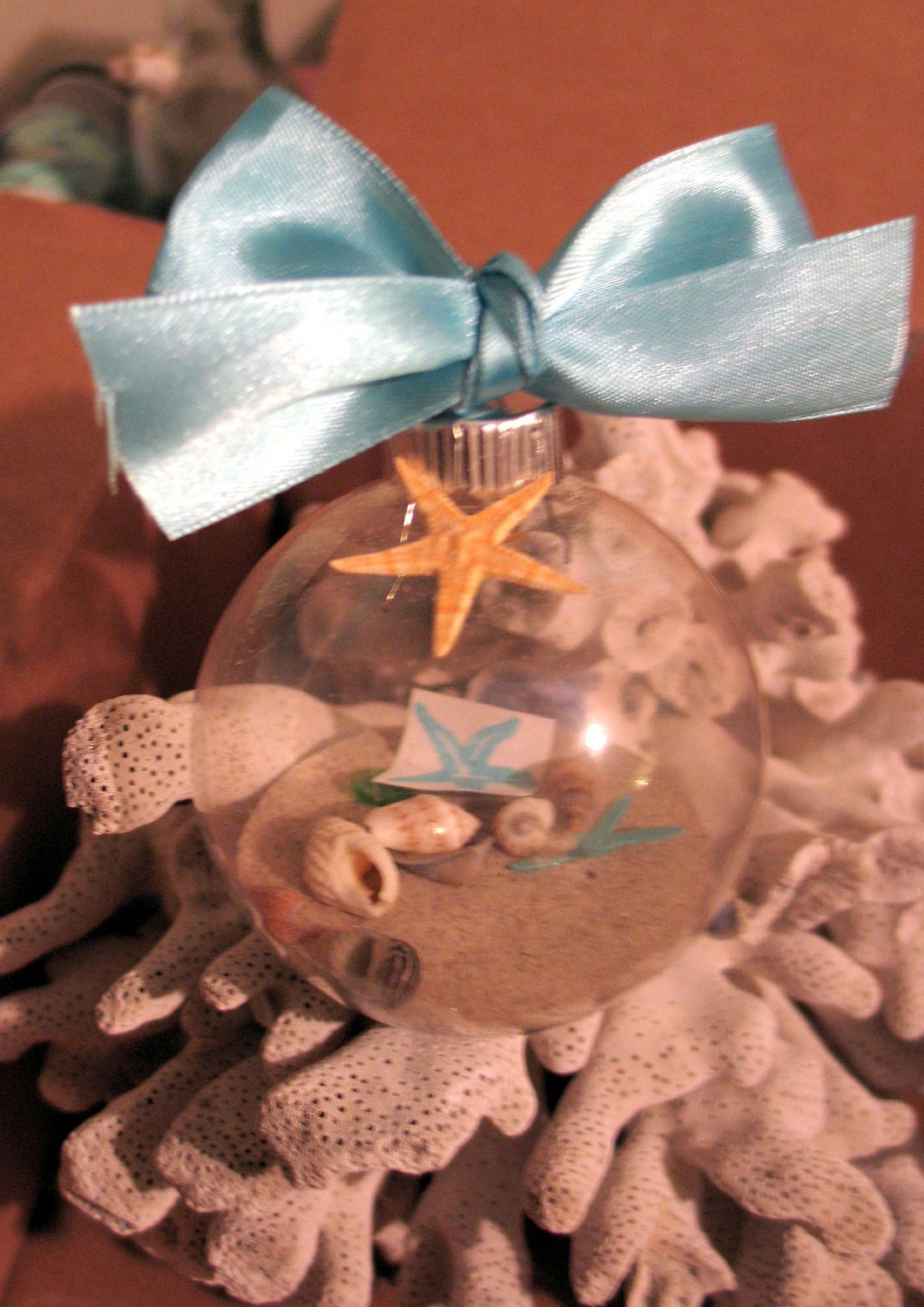 Coastal Ornaments- Clear Glass Ball Ornaments with Sand, Shells, Sea Glass, Starfish- Great for Christmas, Beach Weddings, and Decorating
