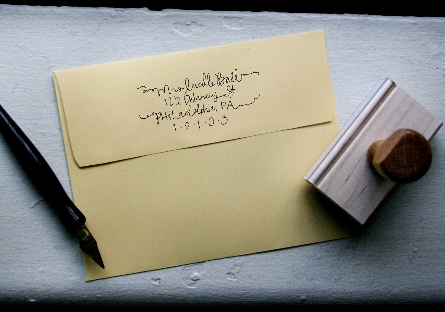 Custom Calligraphy Stamp with Ink Pad: Lucy Style