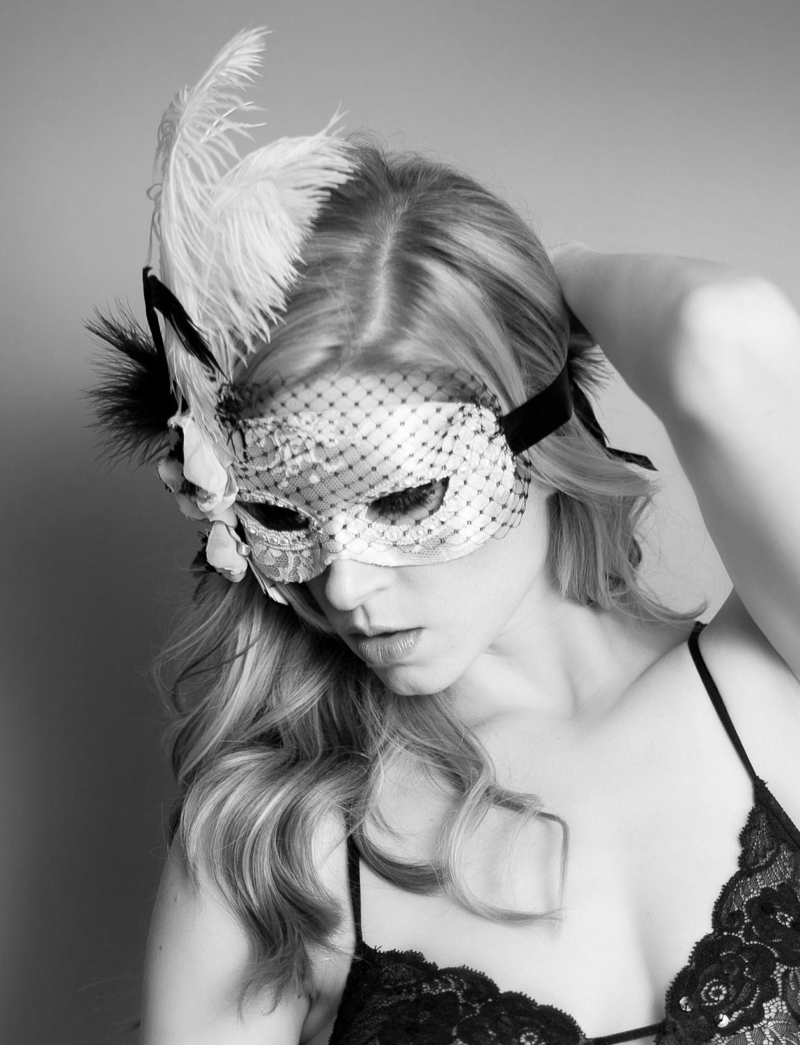 Lace Anenome Masquerade Mask with feathers and veil