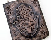 SALE Hamsa Hand Cross Body Bag Milagro Tooled Mexican Folk Faded Black Antique Brass Studs Karen Kell Collection