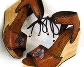 SALE Clog Shoe Burnt Orange Lilac Butterfly Tooled Wooden Wedge Handmade CUSTOM ORDER
