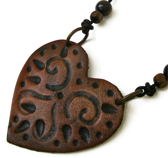 SALE Tribal Heart Leather Tooled Pendant with Leather Adjustable Cord and Wooden Beads