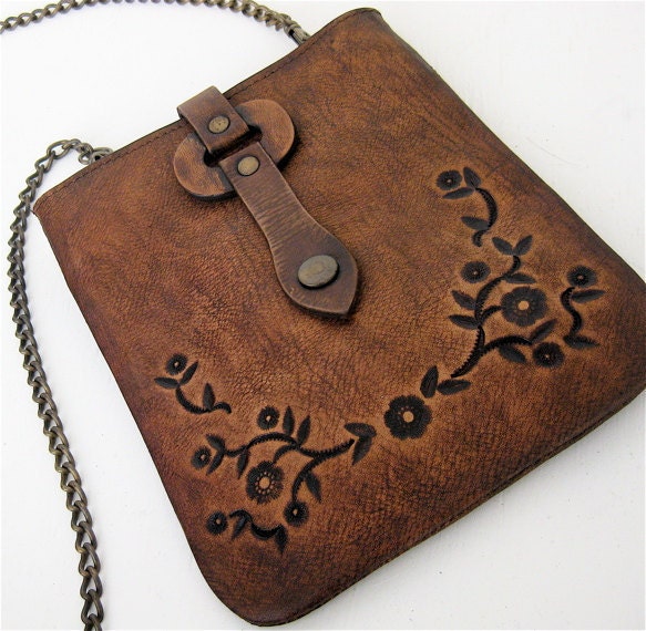SALE Cross Body Bag Rustic Brown Small Tooled Floral Karen Kell Collection