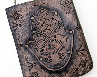SALE Hamsa Hand Cross Body Bag Milagro Tooled Mexican Folk Faded Black Antique Brass Studs Karen Kell Collection