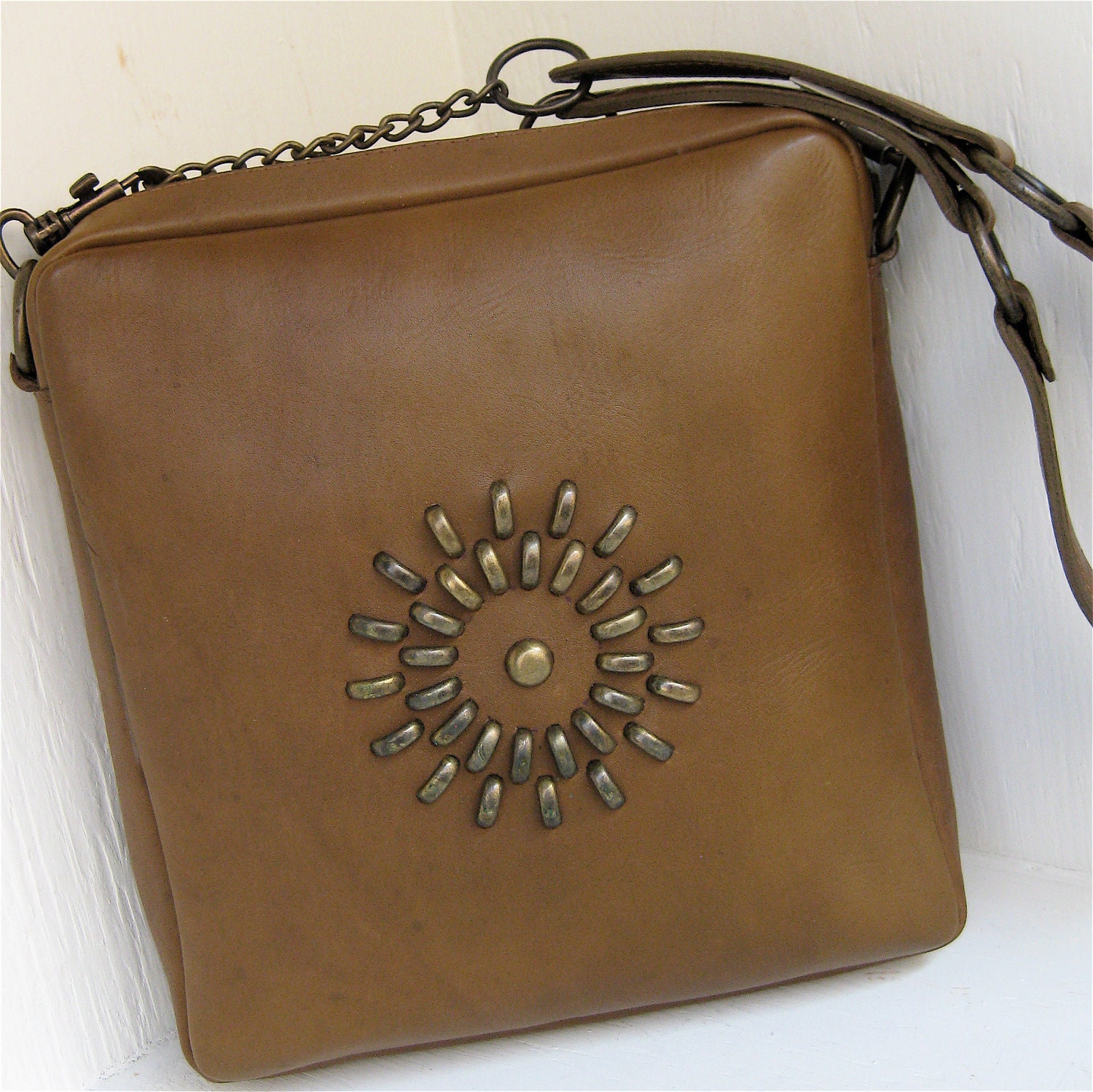 SALE Tobacco Brown Notebook Bag with Antique Antique Brass Adornments Karen Kell Collection