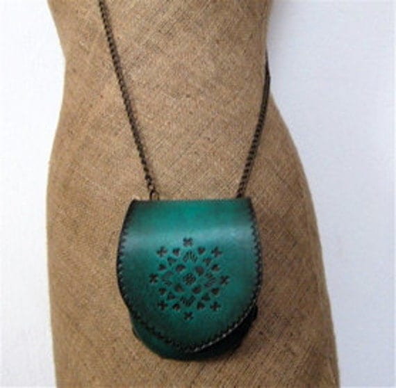 SALE Small Molded Leather Folk Style Tooling in  Dark Teal Turquoise Bag Karen Kell Collection