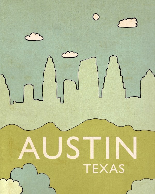 Children Home Decor Nursery Art Print -Austin No.6 - 8x10 Skyline Illustration and Typography City Travel Cityscape Landscape Art Print