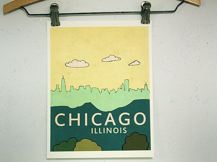 Chicago City Skyline Art Print - Chicago No.2 - Travel City Skyline Illustration and Typography Poster