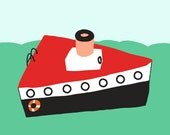 Illustration of a boat, Poster, Travel, for children, sea, green, red, 16.5 x 11.7
