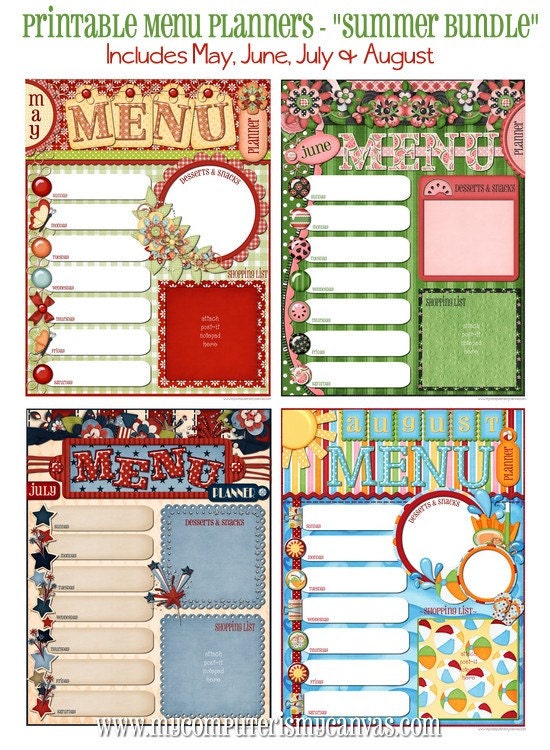 Weekly Menu Planners SUMMER Bundle - Printable INSTANT DOWNLOAD