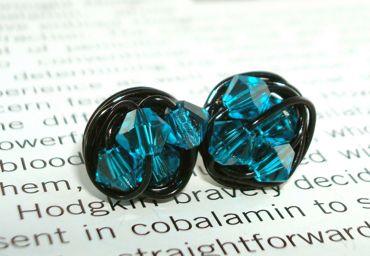 Petite Blue Zircon- Wire Wrapped Studs Earrings- Blue zircon (bright teal) Swarovski Crystal Bead and Black wire Stud Earrings