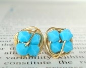 Petite Robin's Egg Series- Signature Wire Wrapped Stud Earrings with turquoise swarovksi crystal beads and gold wire