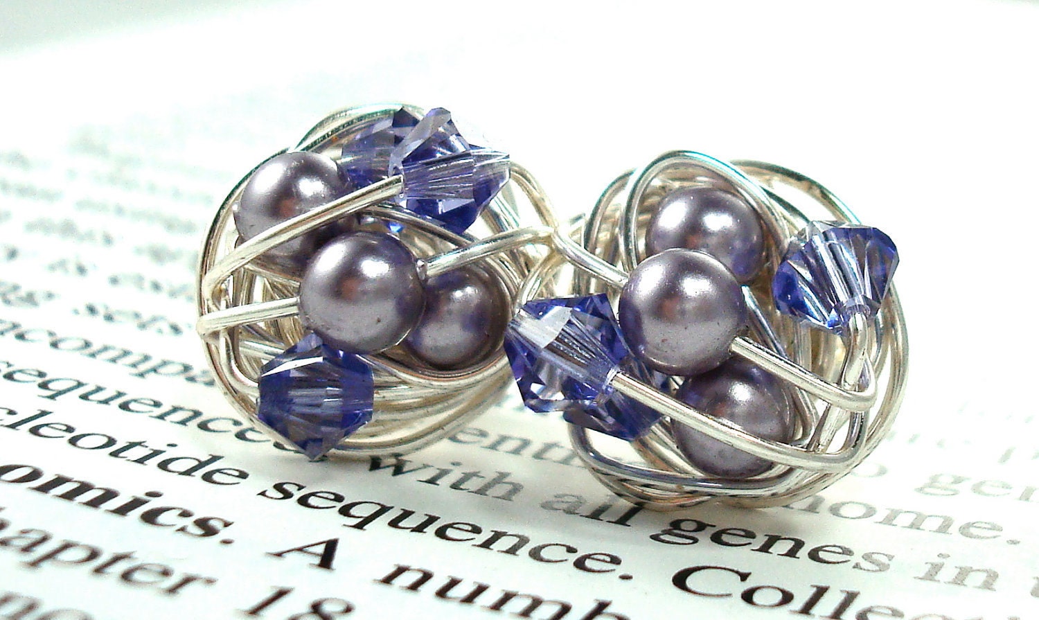 Tanzanite/Mauve/Purple - Mix It Up Series- Swarovski Glass Pearl and Crystal Bead Wire Wrapped Stud Earrings