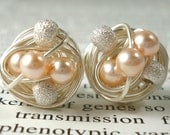 Peach / Silver  Star Dust - Mix It Up Series- Swarovski Glass Pearl and Stardust bead Wire Wrapped Stud Earrings