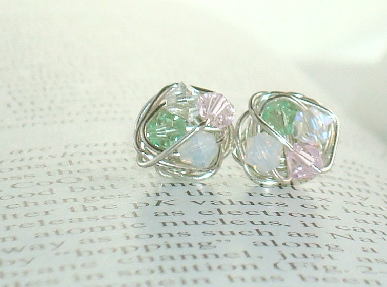 Petite Love in the Garden Series-  Shades of Pink and Green Swarovski Crystal Bead and Silver wire Stud Earrings