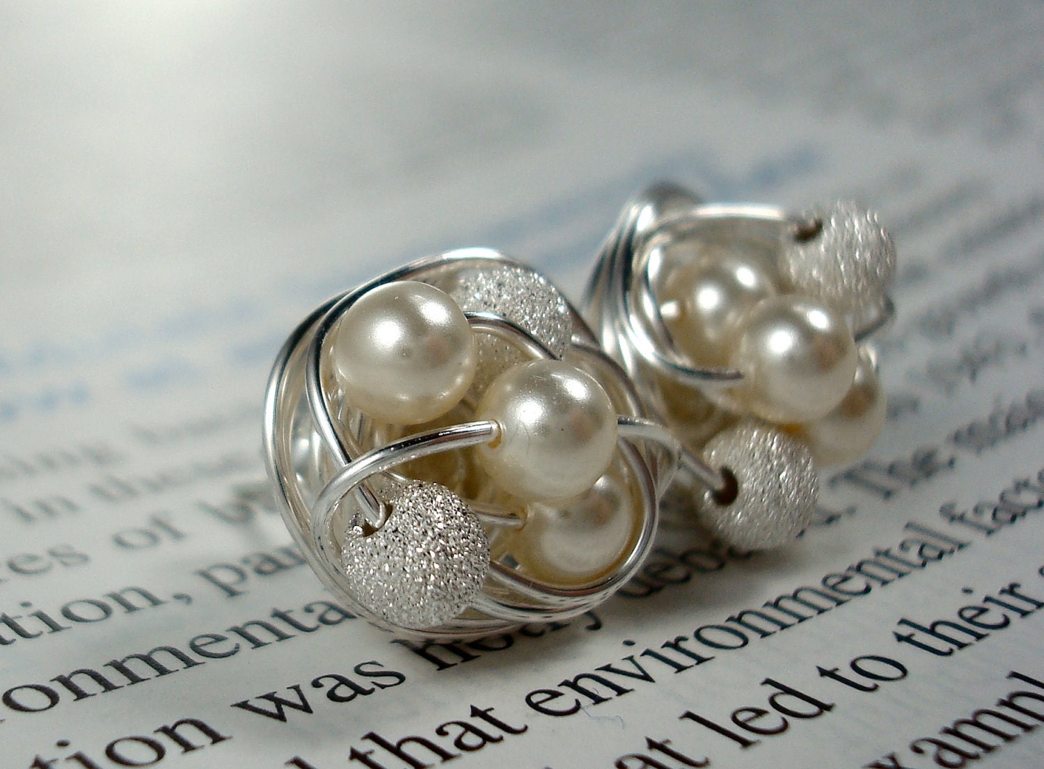 Cream / Silver Star Dust - Mix It Up Series- Swarovski Glass Pearl and Stardust bead Wire Wrapped Stud Earrings