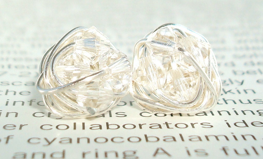 Petite Diamond in the Wire Series- Wire Wrapped Studs - Clear Swarovski Crystal Bead and Silver wire Stud Earrings