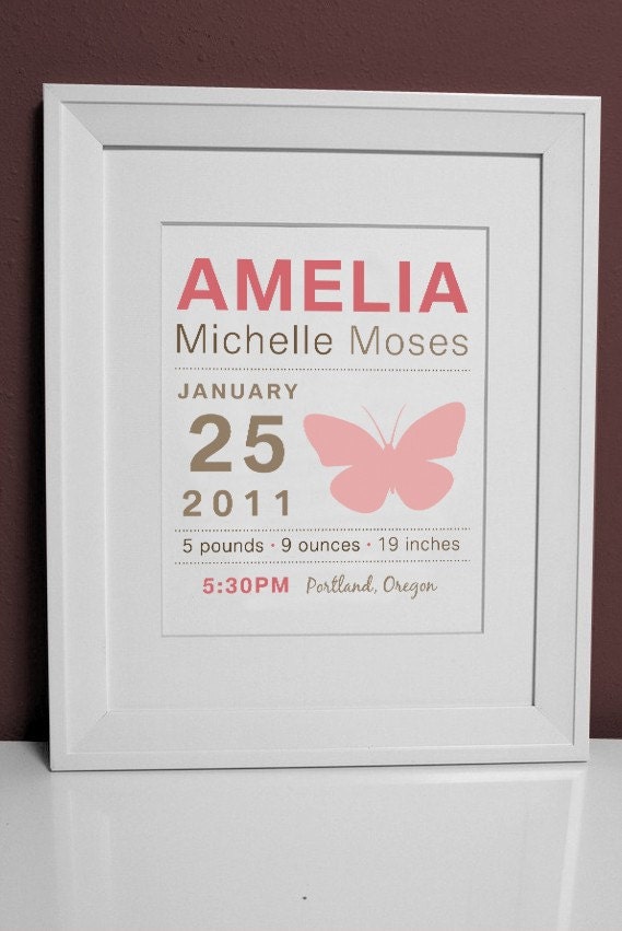 8 x 10 - Custom Birth Announcement Print - Butterfly Wall art Il_170x135