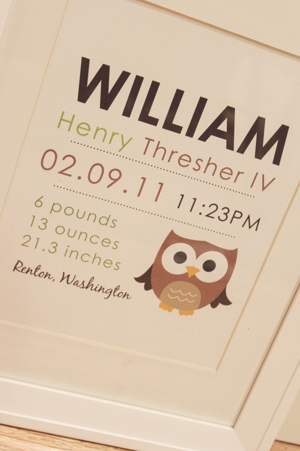 8 x 10 - Custom Birth Announcement Print - OWL wall art Il_170x135