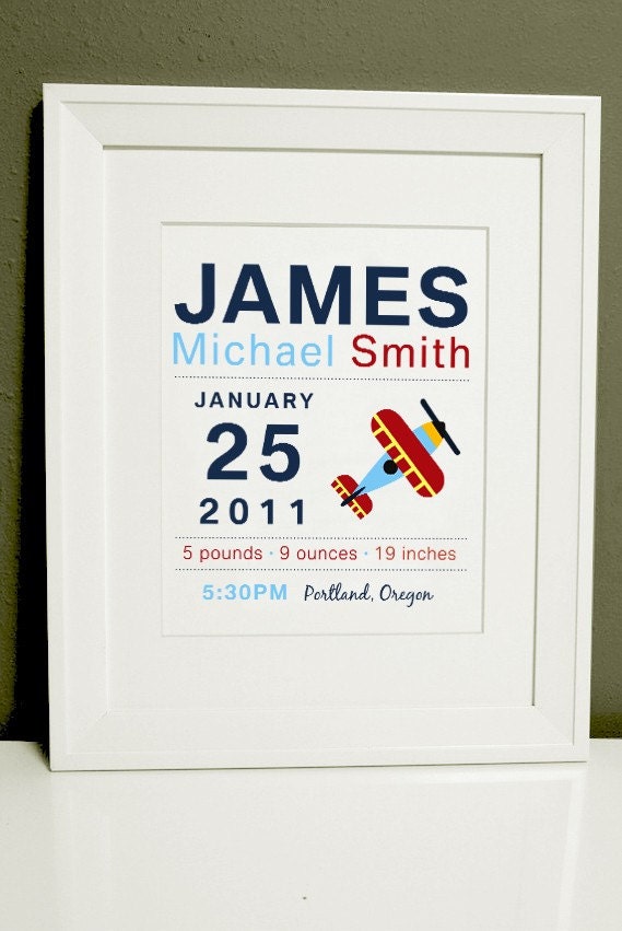 8 x 10 - Custom Birth Announcement Print - AIRPLANE Wall art Il_170x135